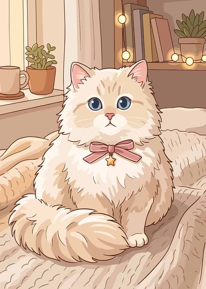 Moza Fluffy Cream Cat with Pink Bow