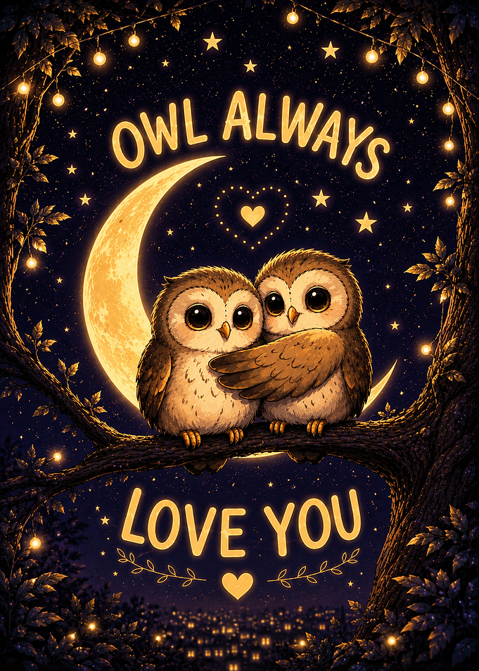 Owl Always Love You | Cute Owl Couple Wall Art | Romantic Moonlit Owl Illustration