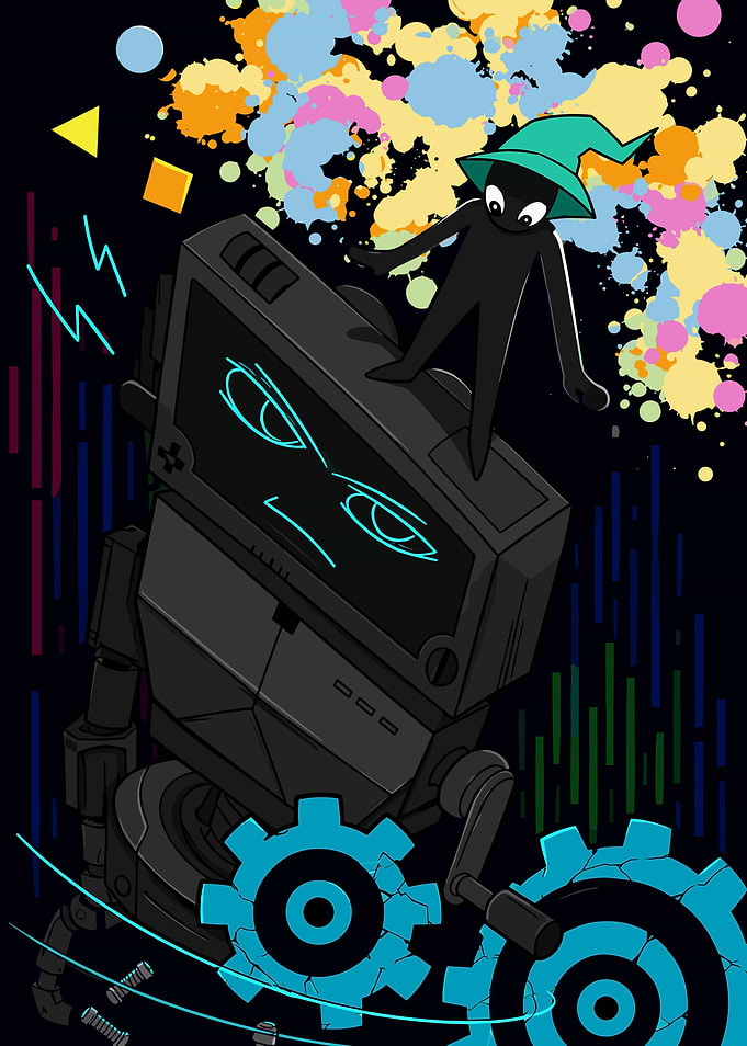 Inscryption Wizard Standing on Robot Illustration