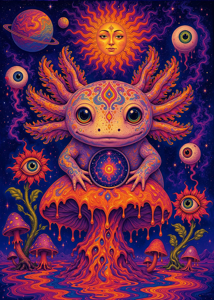 Psychedelic Axolotl Cosmic Mushroom Art