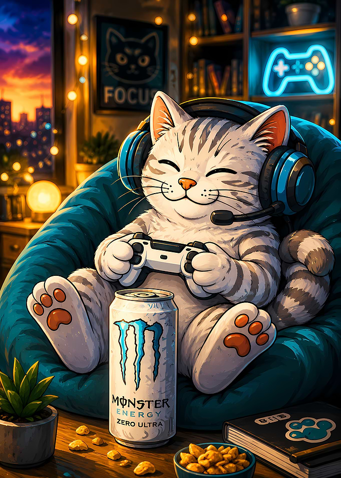 Cute Gaming Cat with Energy Drink