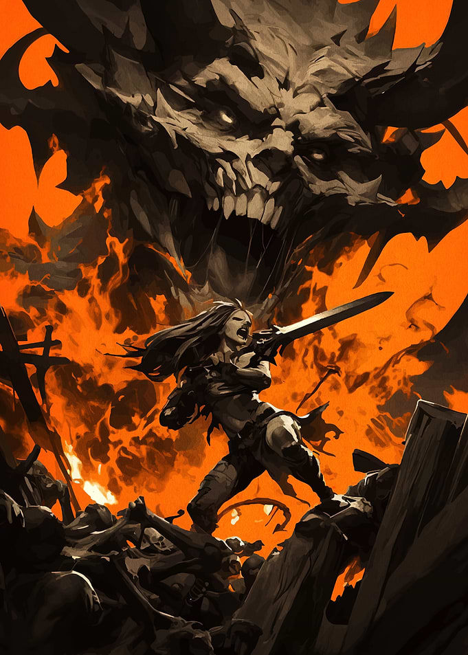 Warrior Fighting Demon in Hellfire