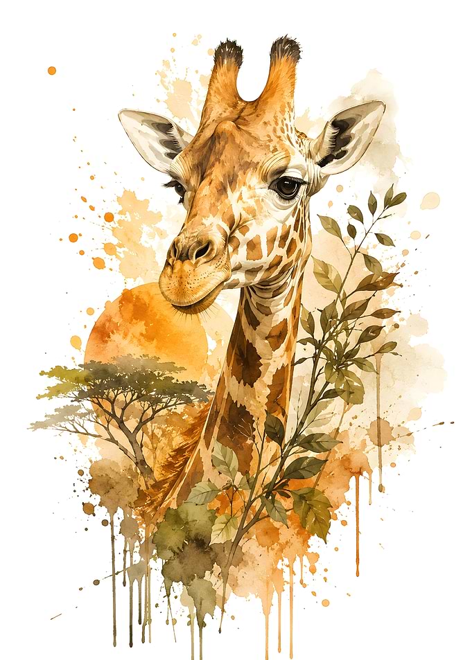 Watercolor Giraffe Portrait with African Landscape