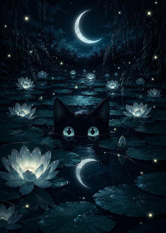 Black Cat in Moonlit Lotus Pond