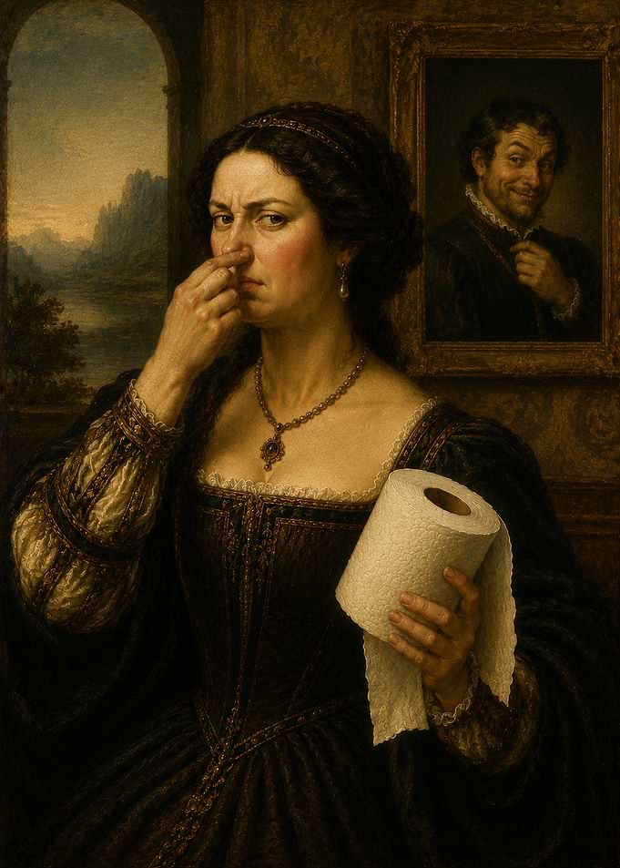 Renaissance Woman Holding Toilet Paper