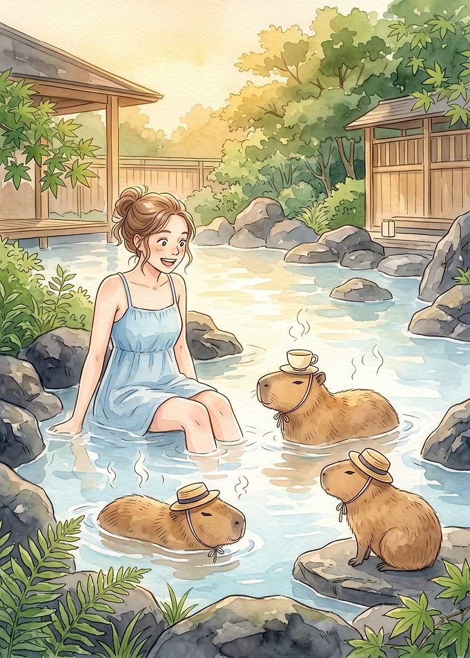 Girl Relaxing in Hot Spring with Capybaras