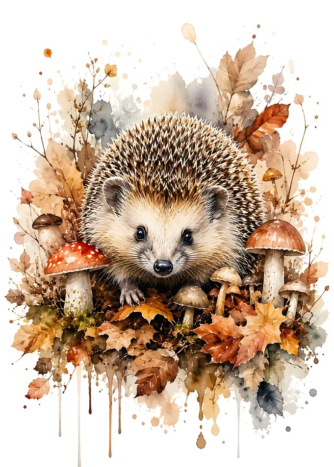 Watercolor Hedgehog in Autumn Leaves