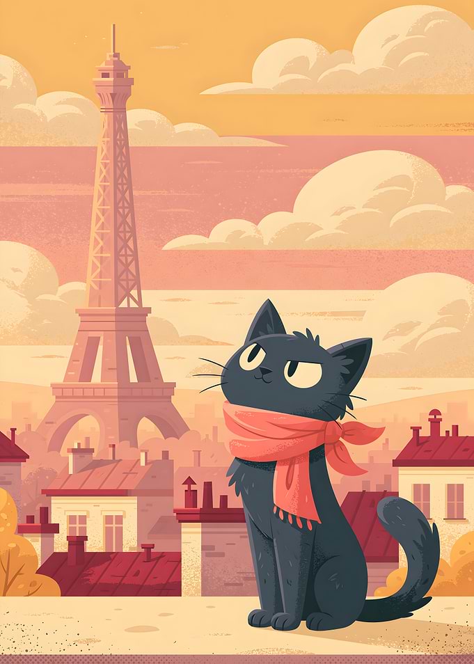 Proud Black Cat in Paris Illustration