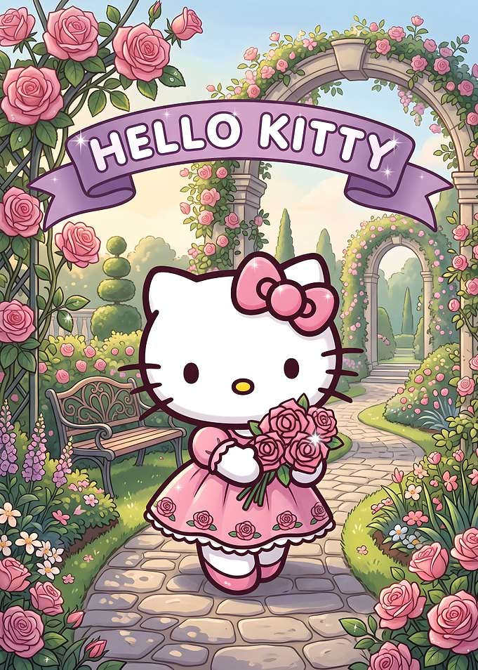 Hello Kitty in a Rose Garden