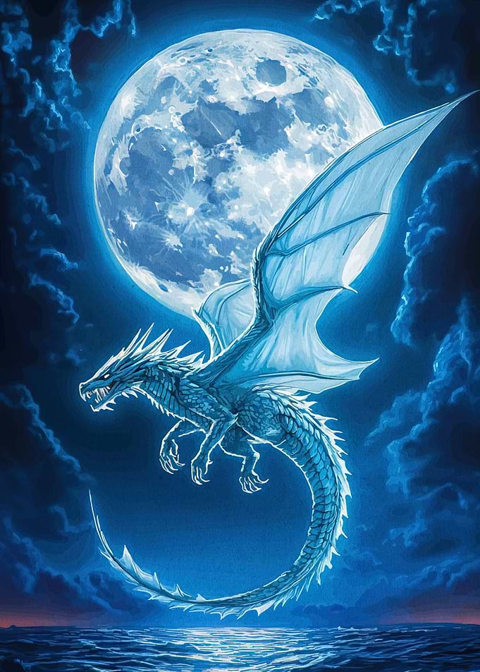 Blue Dragon Flying Under Full Moon