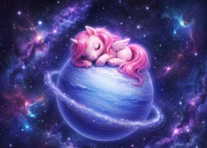Cute Unicorn Sleeping on Planet