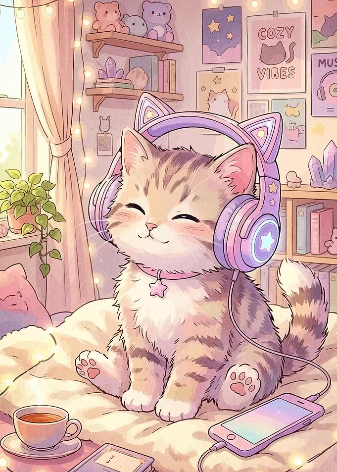 Cute Kitten Listening to Music