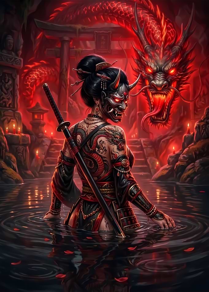 Oni Samurai Woman with Red Dragon