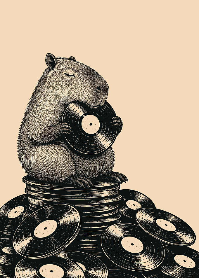 Vintage Capybara with Vinyl Records Etched Style Music Wall Art Poster