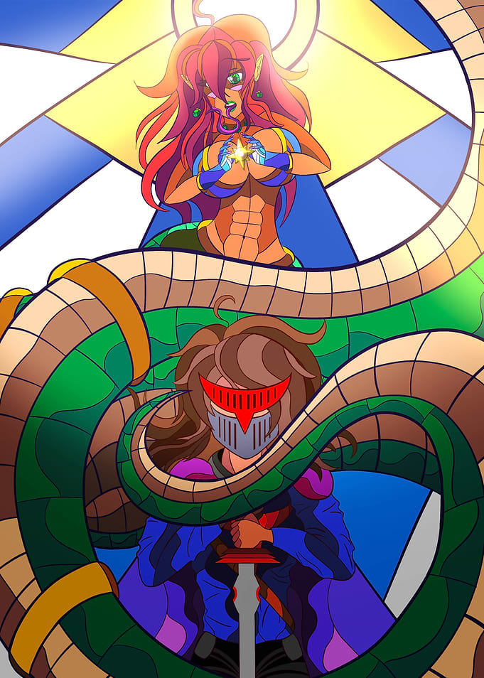 Stained Glass Fantasy Warrior and Lamia Princess