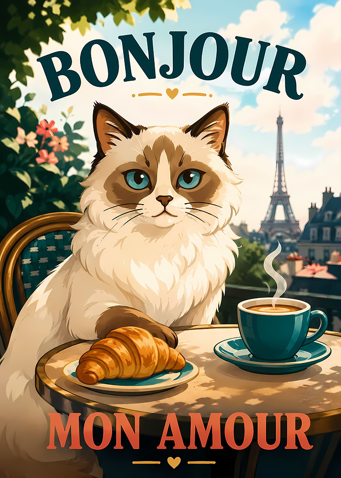 Bonjour Mon Amour Paris Cat Poster