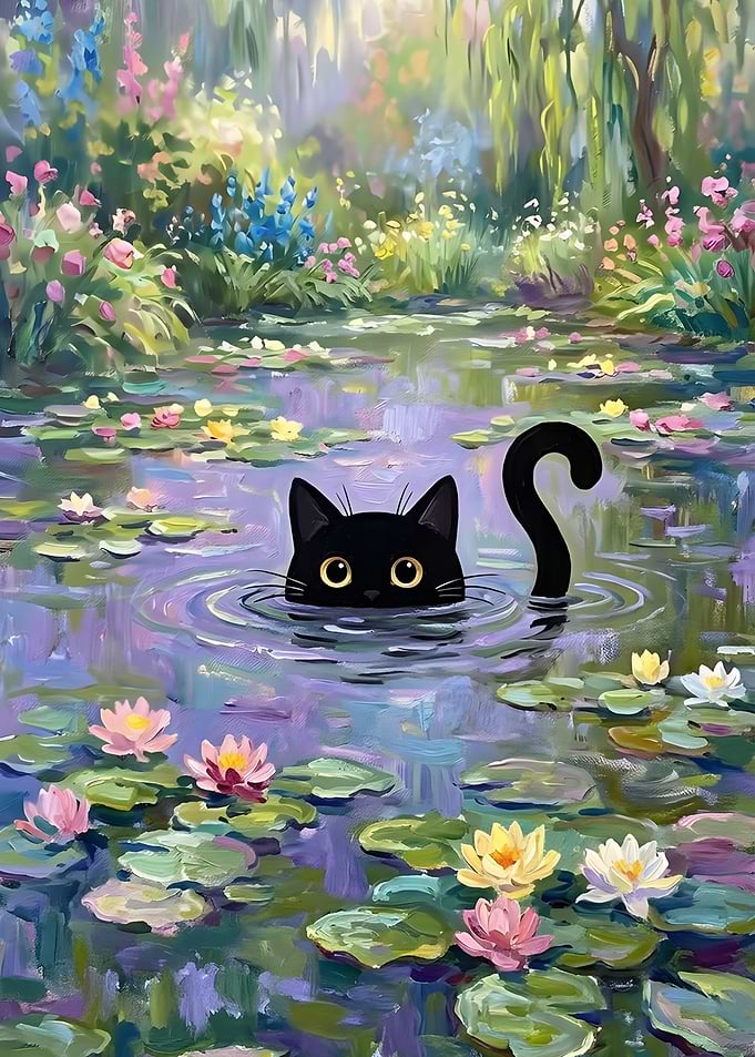 Black Cat in Water Lily Pond