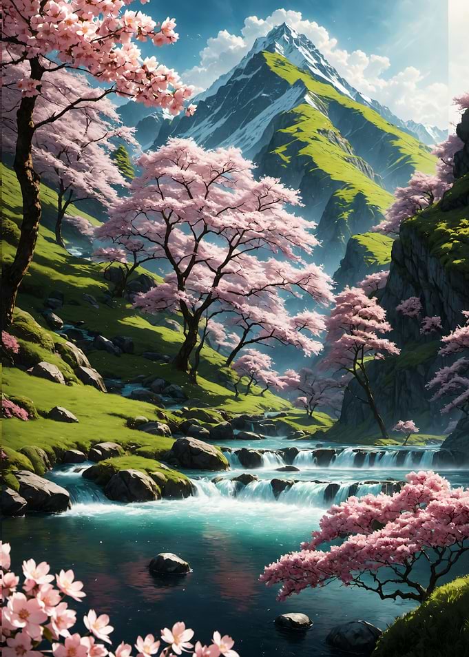 Cherry Blossom Mountain Stream Japan Landscape