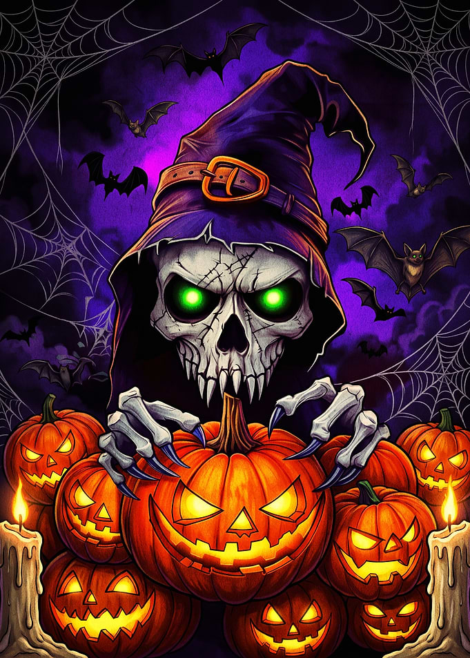 Spooky Halloween Skull Witch with Pumpkins