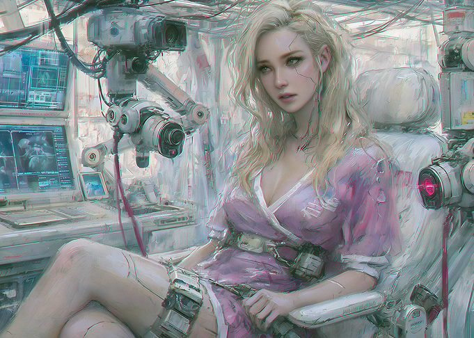 Cybernetic Blonde Woman in Tech Lab