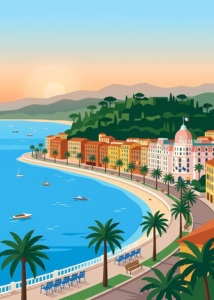 Nice Promenade des Anglais Sunset Illustration
