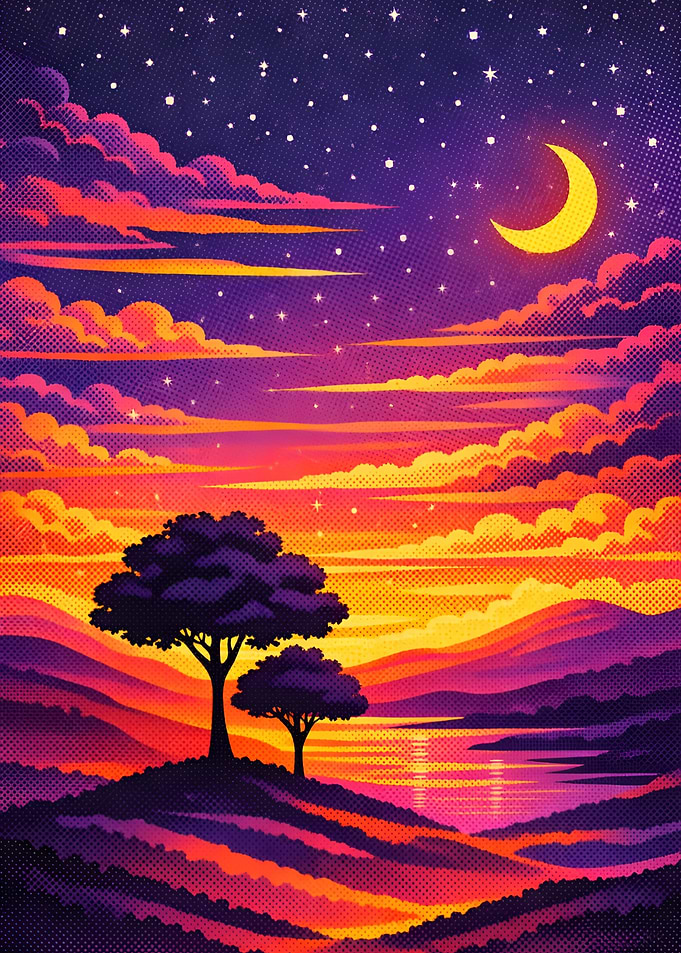 Vibrant Sunset Landscape with Crescent Moon