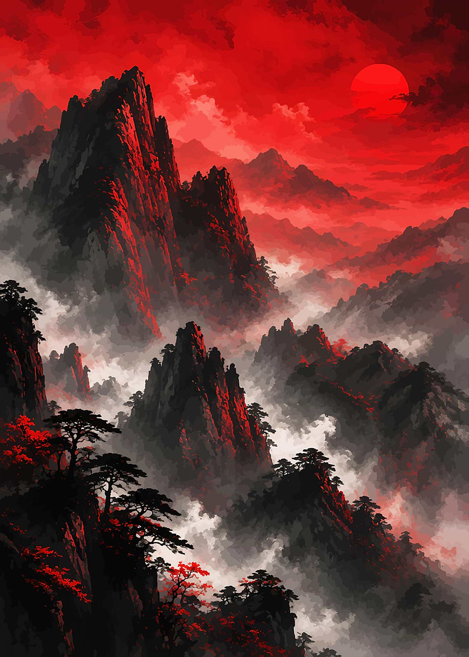 Crimson Mountain Landscape with Red Sun