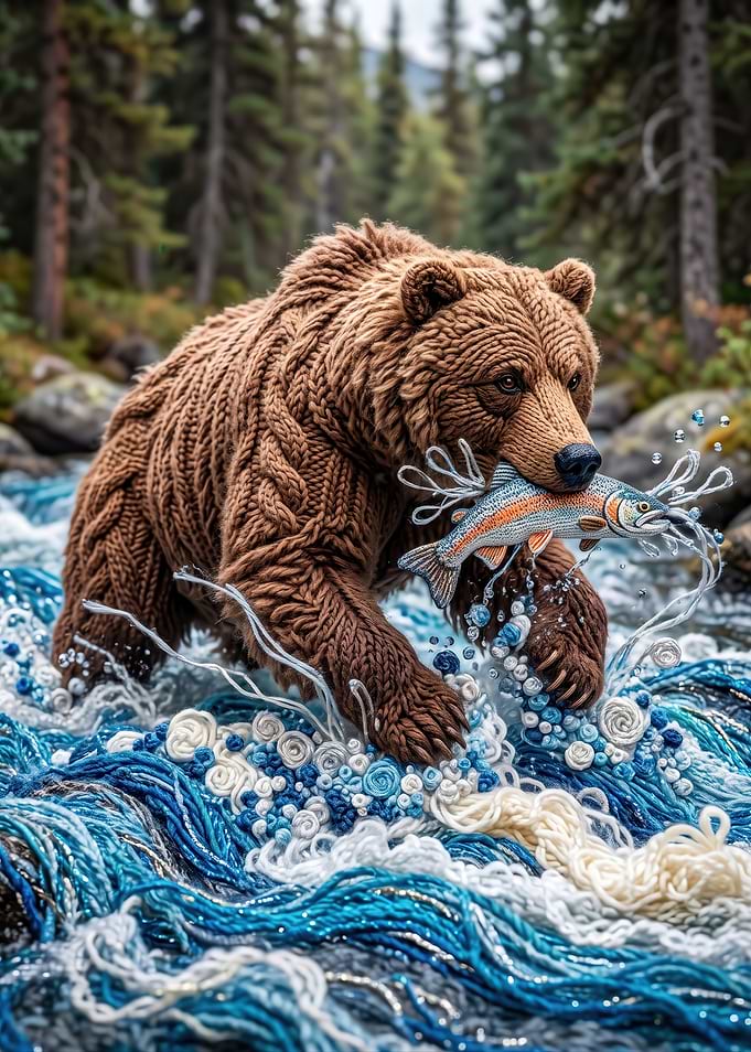 Knitted Brown Bear Catching Fish