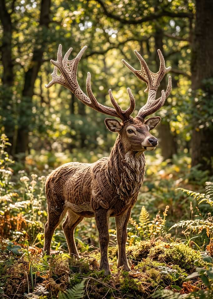 Crocheted Deer in Forest Setting