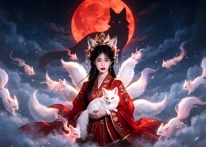 Nine-Tailed Fox Goddess in Red
