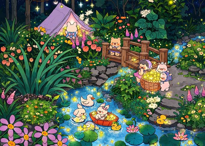 Magical Night Garden with Cute Animals