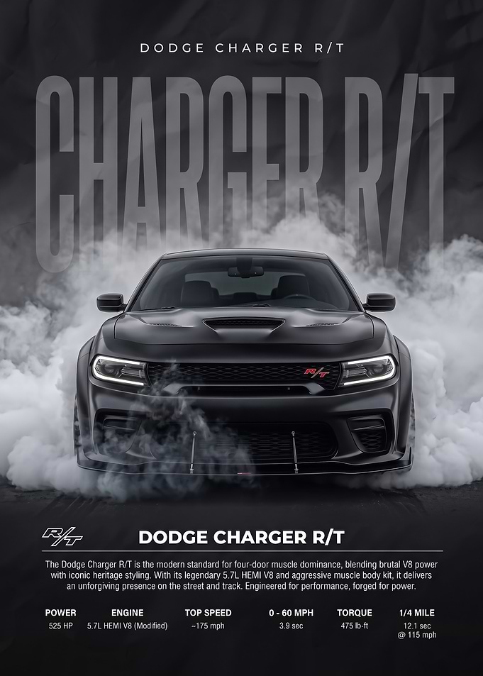 black smoky Dodge Charger R/T Muscle Car Poster