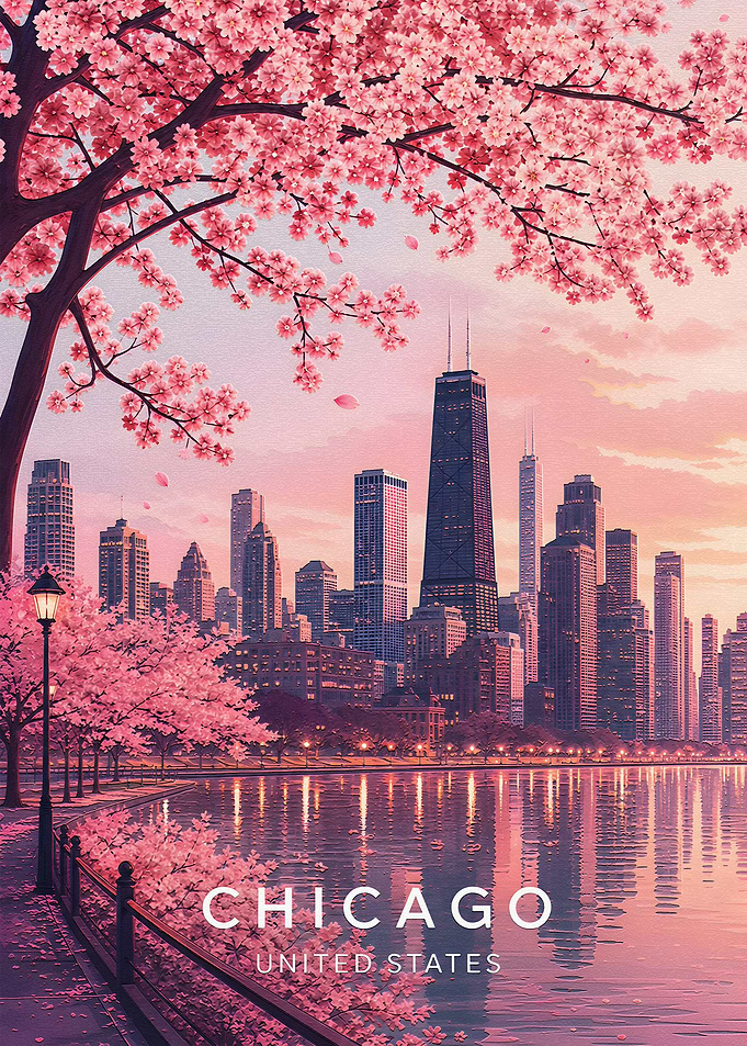 Chicago Skyline with Cherry Blossoms