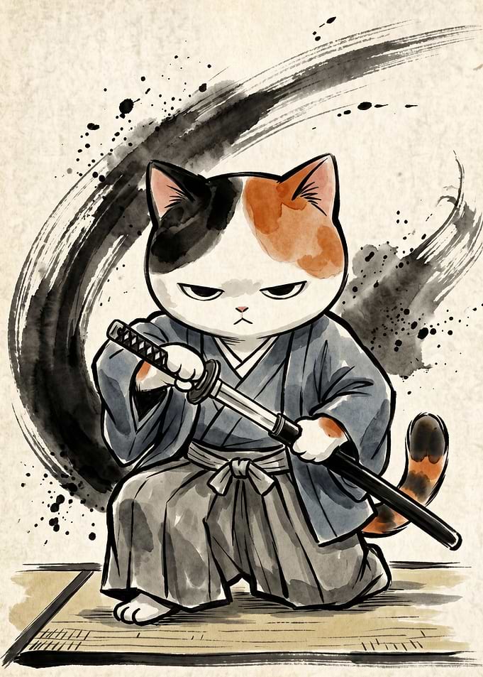 Calico Cat Samurai Warrior Illustration