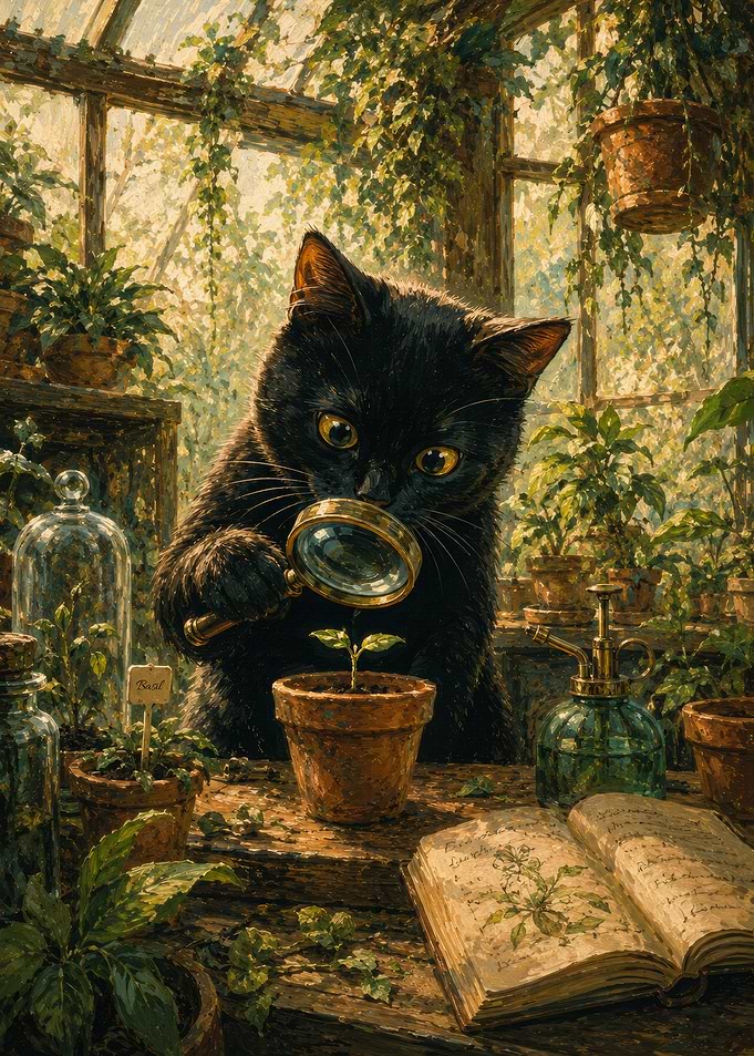 Curious Black Cat Botanist