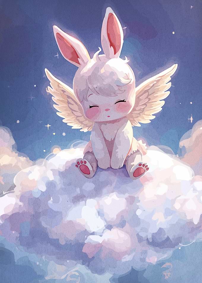 Cute Angel Bunny Sitting on Cloud