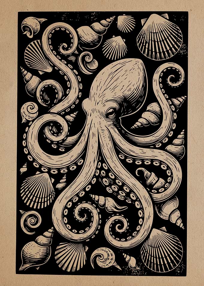 Octopus & Seashells Linocut Art Print