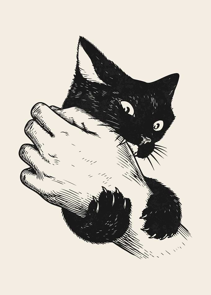 Black Cat Biting Human Hand Illustration