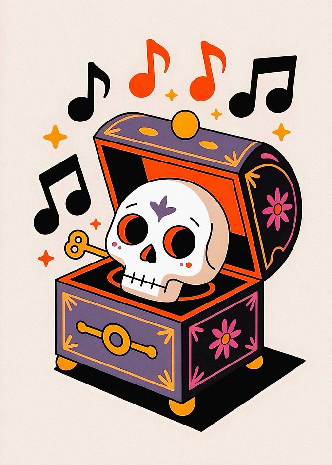 Cute Skull Music Box Illustration
