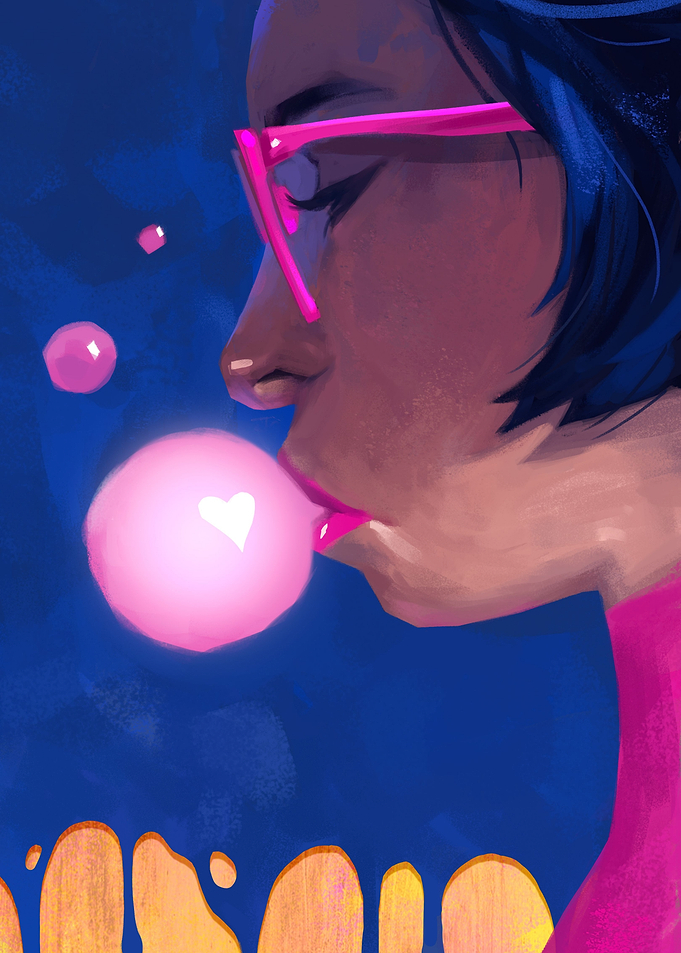 Girl Blowing Heart Bubble Gum