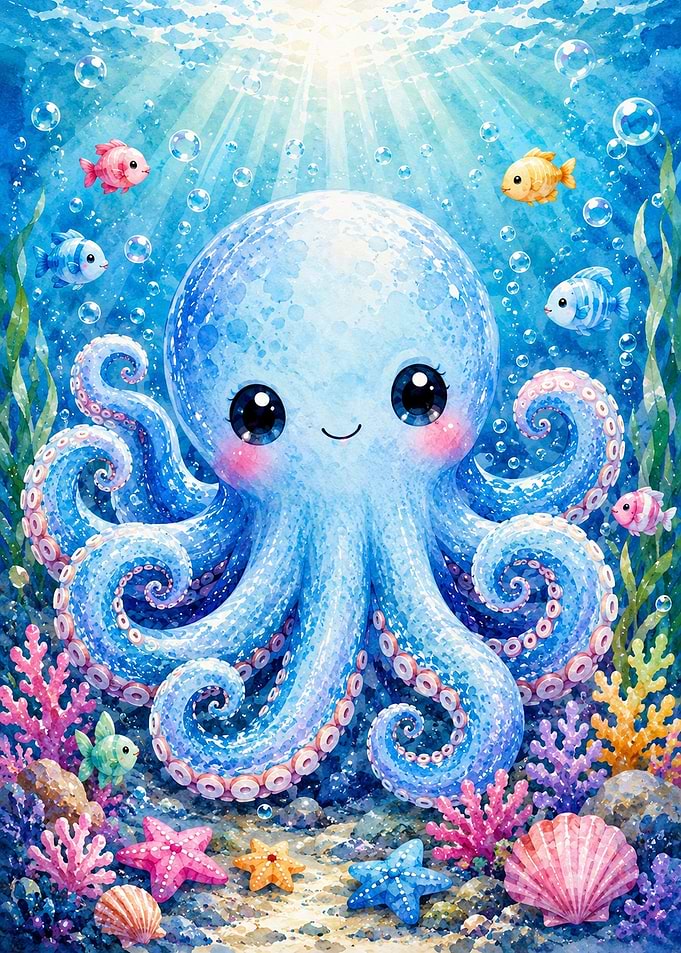 Cute Watercolor Octopus Wall Art | Kawaii Ocean Nursery Decor | Adorable Sea Animal Illustration