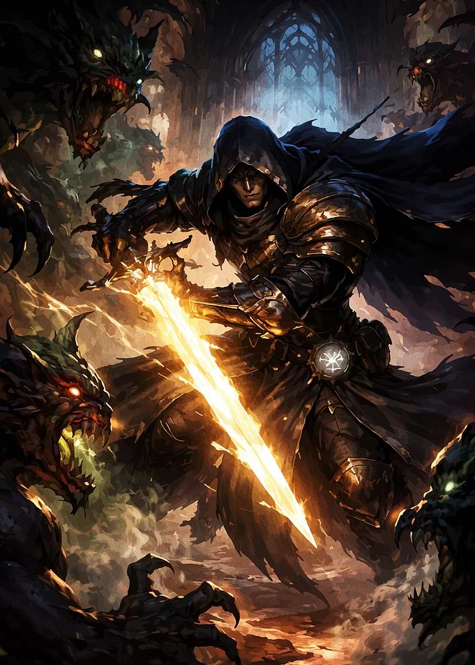 Hooded Warrior Fighting Demonic Creatures