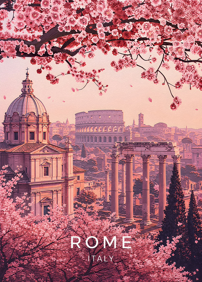 Rome Italy Cherry Blossom Travel Poster