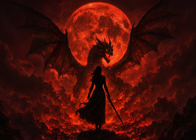Warrior Woman Facing Red Dragon