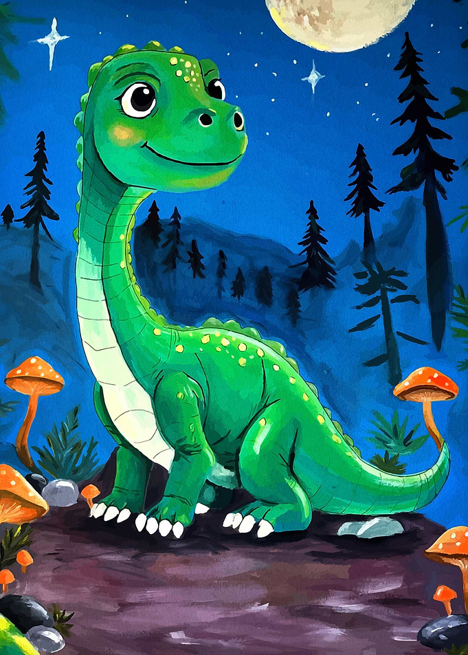 Cute Green Dinosaur in Night Forest