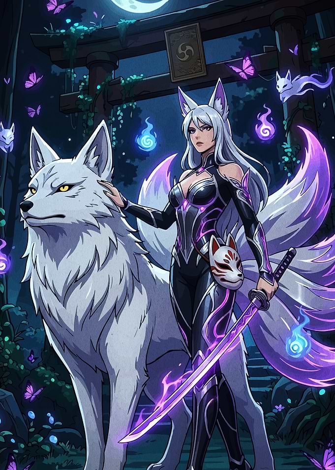 Kitsune Warrior with Spirit Wolf