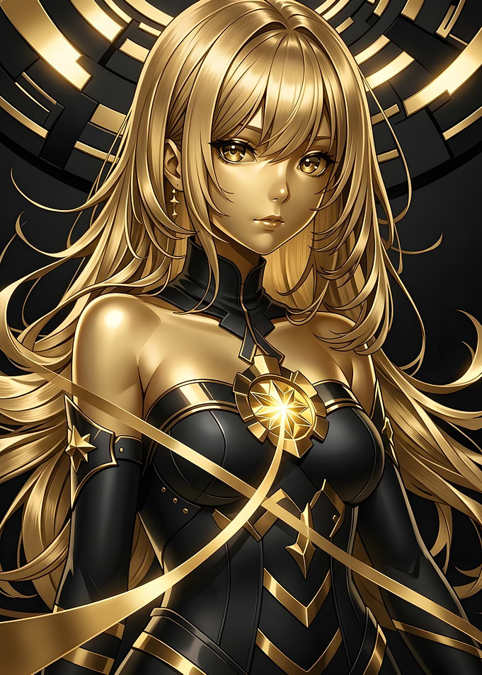 Golden Anime Goddess in Black Armor