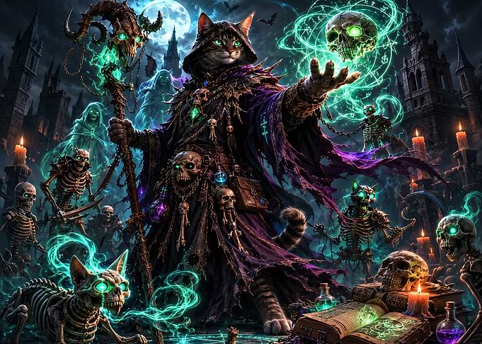 Necromancer Cat Wizard with Skeleton Army