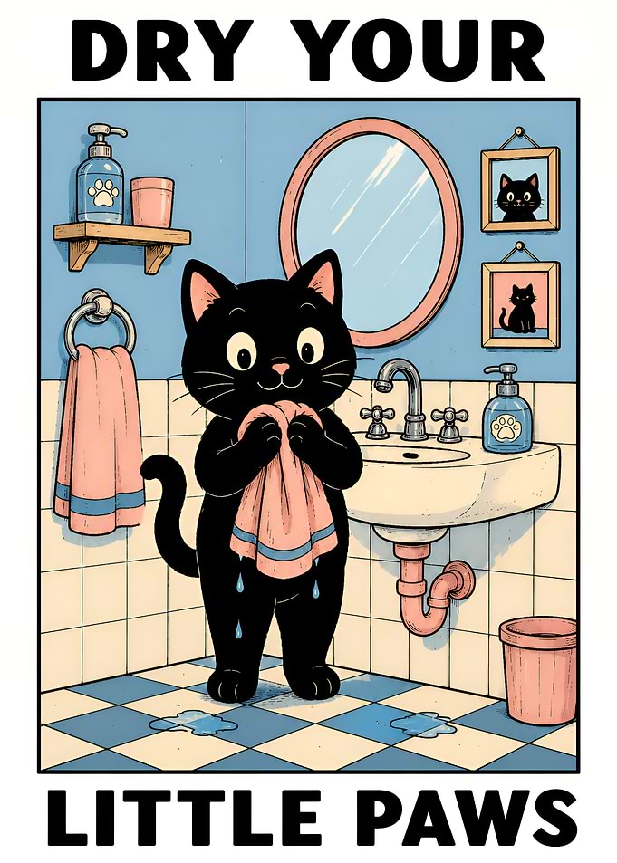Cute Black Cat Drying Paws Poster