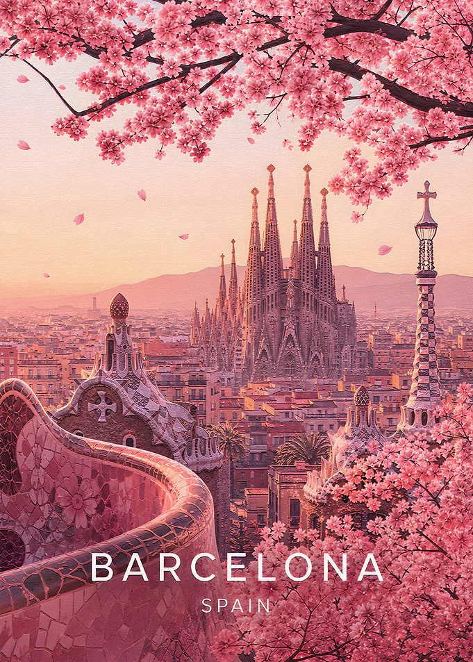 Barcelona Sagrada Familia Cherry Blossom Poster